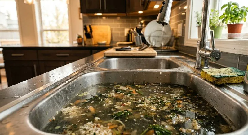 Kitchen sink with clogged drain needing clearing
